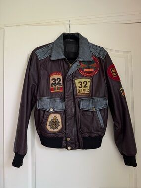 LF Maroon Leather Bomber Jacket with Gray Trim and Patch Details